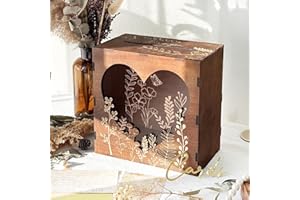OurWarm Brown Wedding Card Box for Reception with Heart Acrylic Window, Wooden Gift Card Box for Wedding with Flower Pattern, Vintage Card Box for Graduation Birthday Party Anniversary Baby Shower