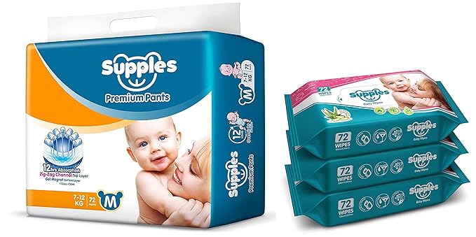 Supples Baby Pants Diapers, Medium, 72 Count with Wet Wipes (Pack of 3)