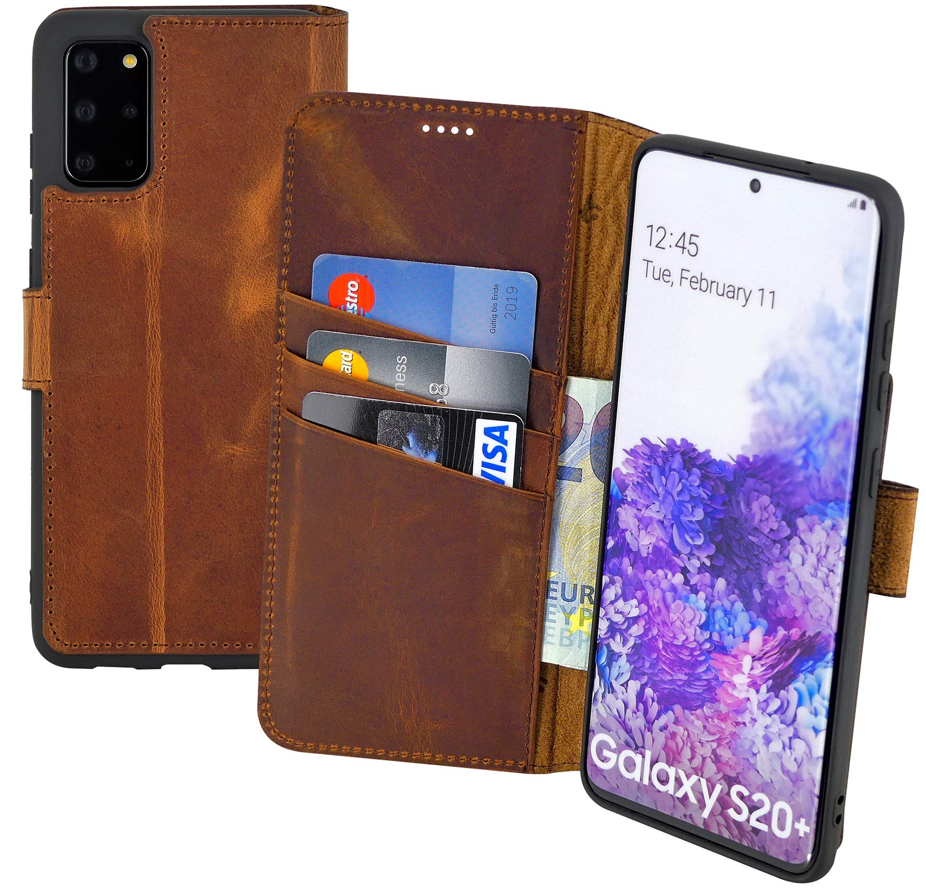 Suncase Book-style case compatible with Samsung Galaxy S20 Plus leather case (slim fit) leather mobile phone case protective case with 3 card slots in antique coffee.