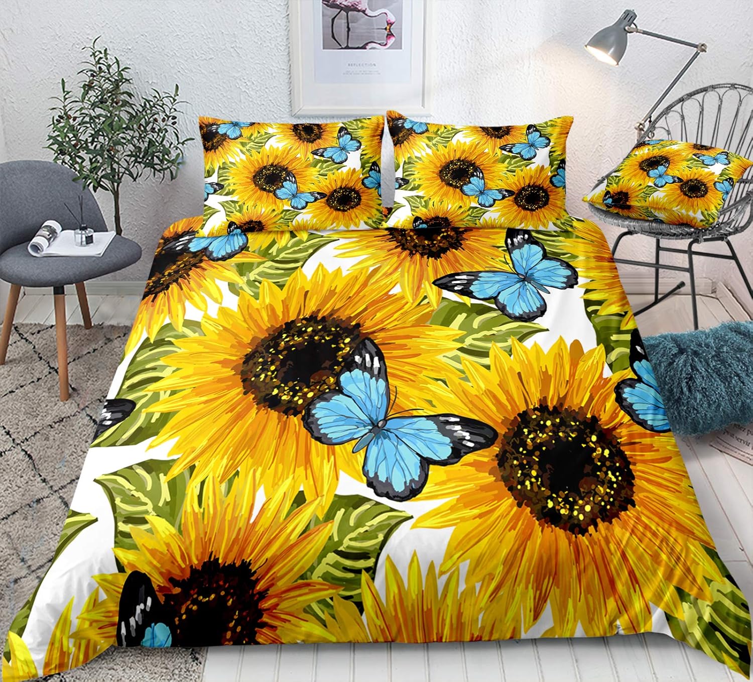 Amazon Com Butterfly Bedding Blue Yellow Sunflower Duvet Cover Set Blue Butterflies Yellow Sunflowers Printed Design Boys Girls Bedding Sets Queen 1 Duvet Cover 2 Pillowcases Queen Butterfly Sunflower Kitchen Dining