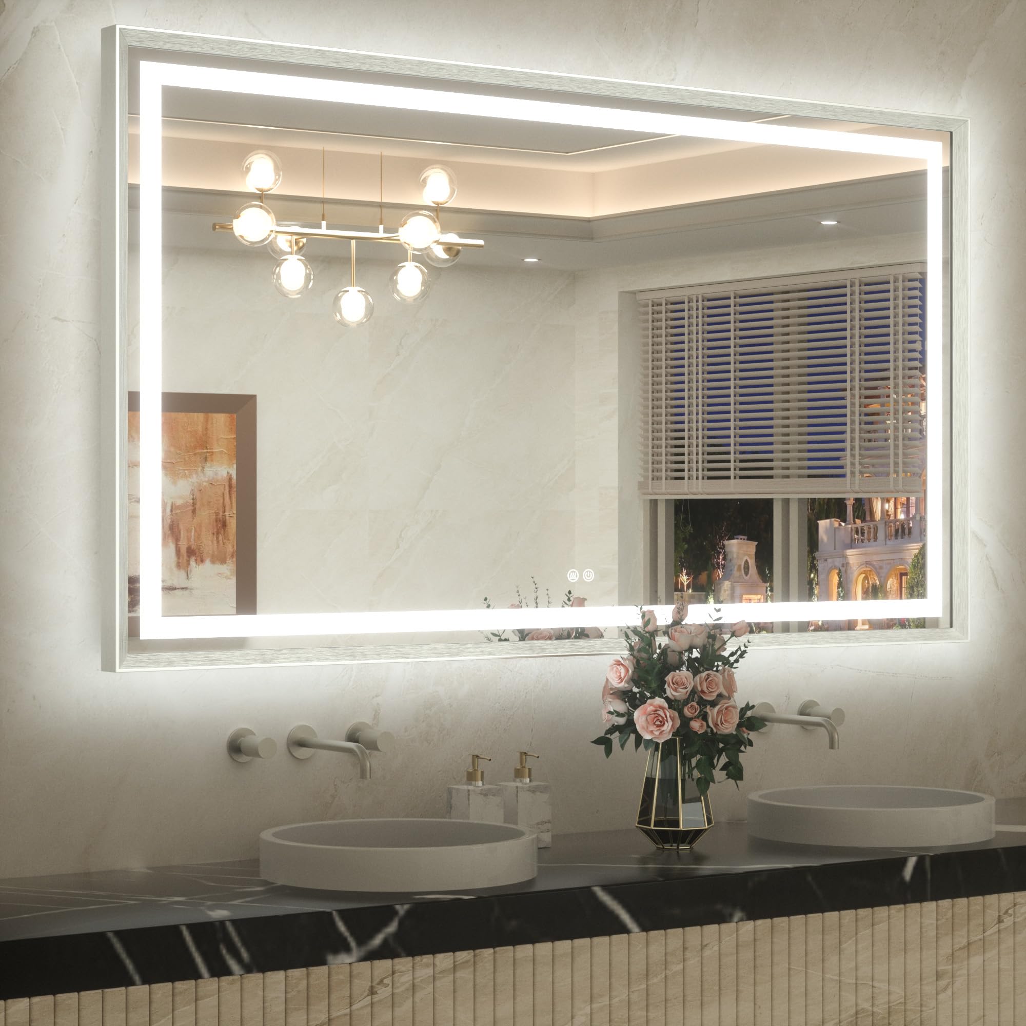 TETOTE 60 x 36 Large Bathroom Mirror Brushed Nickel Metal Frame ...