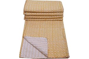MAVISS HOMES Indian Traditional Handmade Block Print Quilt Cotton Super Soft Kantha Quilt Blanket | Throw Bedspread Blanket | Bedroom Décor Throw Quilt |Home Décor (Twin 90 X 60 Inch, Yellow)