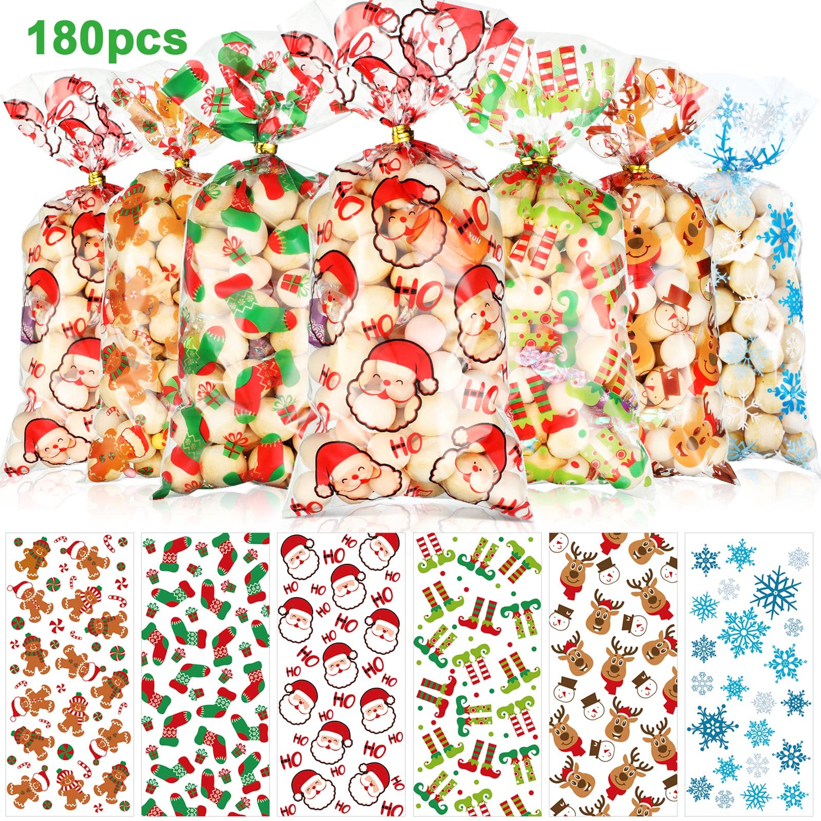 Blulu 180 Pieces Christmas Party Bags: Santa, Stocking, Elk, Snowflake Designs, 27.5 cm x 12.5 cm (10.8 inches x 5 inches), Clear Plastic Cellophane Favor Bags for Christmas, Wedding & Party Gifts