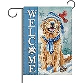 Dyrenson Welcome Winter Golden Retriever Dog Decorative Garden Flag, Snowy Cardinal Yard Outside Home Decoration Pet Owner Lover Gift, Christmas Farmhouse Burlap Outdoor Small Decor Double Sided 12x18