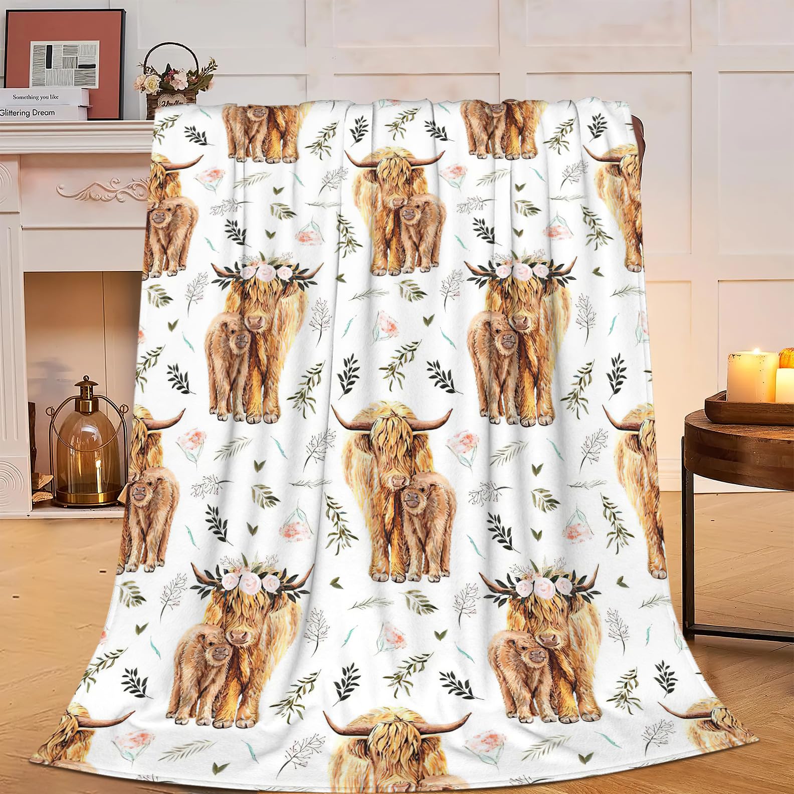 Highland Cow Print Blanket and Throws Cute Farm Animal Cow Gifts Throw Blankets Soft Cozy Fleece Plush Warm Flannel Bedding Blanket for Girls Kids Adults Couch Travel 40x50inch