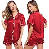 LecGee Womens Silk Satin Pajamas Short Sleeve Loungewear Two-Piece Sleepwear Button-Down Pj Set