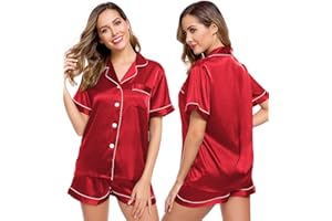 LecGee Womens Silk Satin Pajamas Short Sleeve Loungewear Two-Piece Sleepwear Button-Down Pj Set