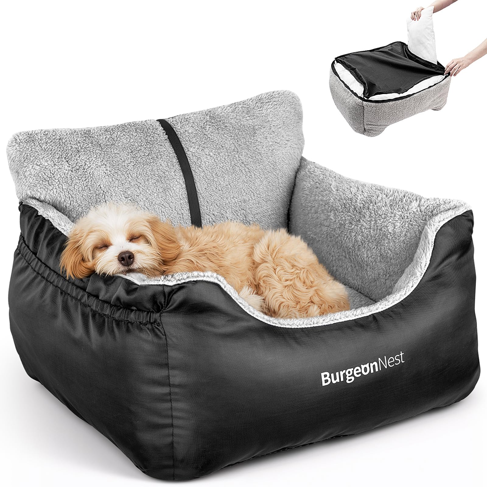 Photo 1 of BurgeonNest Dog Car Seat for Small Dogs, Soft Pet Car Travel Home Bed Under 25 lbs, Fully Detachable and Washable Cat Booster Carseats with Storage Pockets and Clip-On Leash Portable Carrier,Black