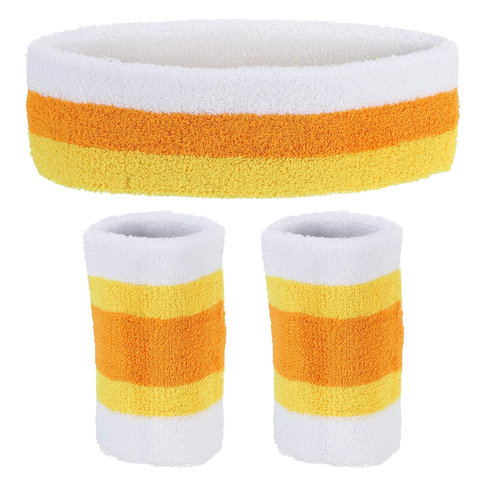 PATIKIL Sport Wristbands Headband Set, 8x10cm Cotton Terry Cloth Athletic Absorbent Sweatband 20x5cm Headband for Tennis Basketball Running, White Yellow Orange (1 Headband & 2 Wristbands)