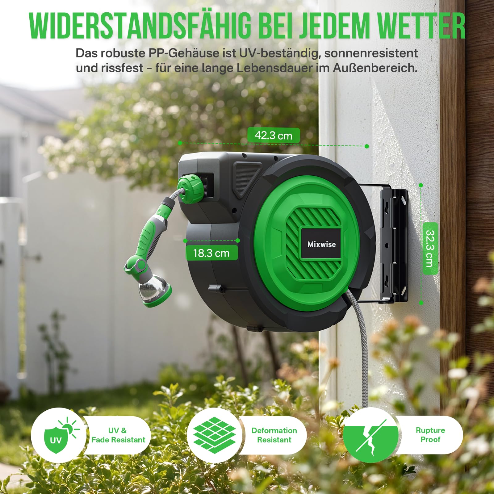 Schlauchtrommel Gartenschlauch Trommel mit 180° Schwenkbarer,Wand-Schlauchbox 10-fach Verstellbarer Düse, Automatischem Rückzugssystem und Arretierung in Jeder Länge für Garten 7