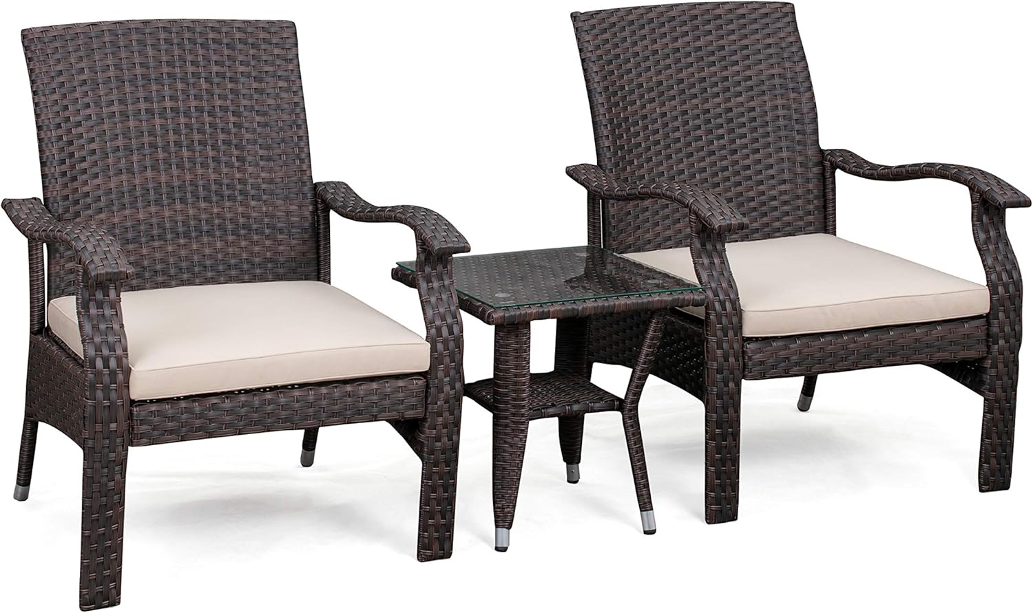 Patio Sense Miles Wicker Conversation Set, Dark Brown, 3 Piece Outdoor Bistro Set with 2 Chairs and Coffee End Table with Glass Top: Garden & Outdoor