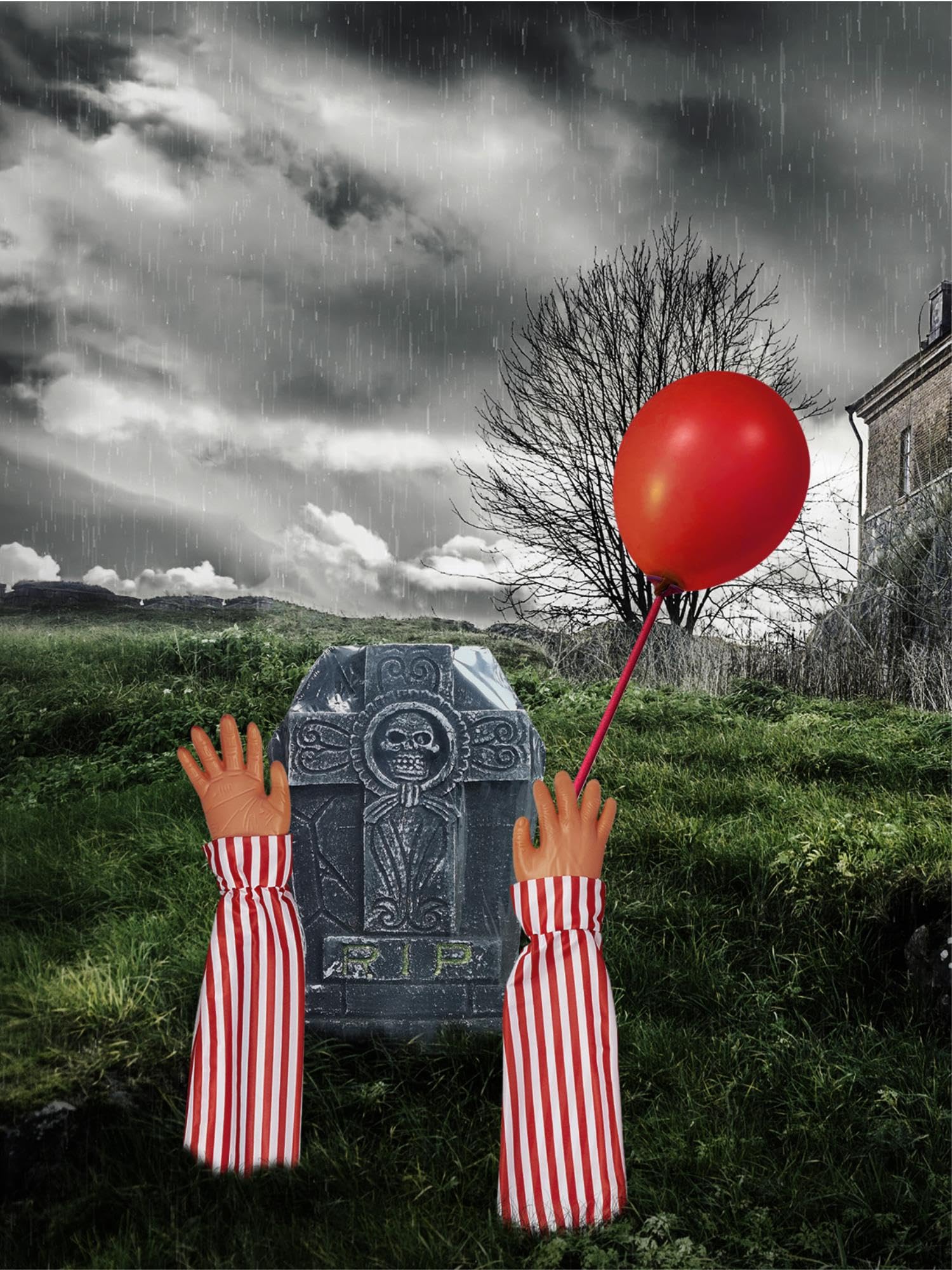 Smiffys Horror Clown Lawn Prop with Arm Stakes, Headstone & Balloons, Halloween Fancy Dress Accessory, Clown Dress Up Party Goods