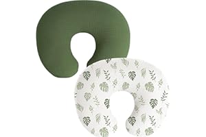 Coreeky Muslin Nursing Pillow Covers, 2 Pack, Soft & Adorable Slipcovers with Zipper Closure, 100% Cotton Covers for Breastfeeding Pillows (Leaf, Green)