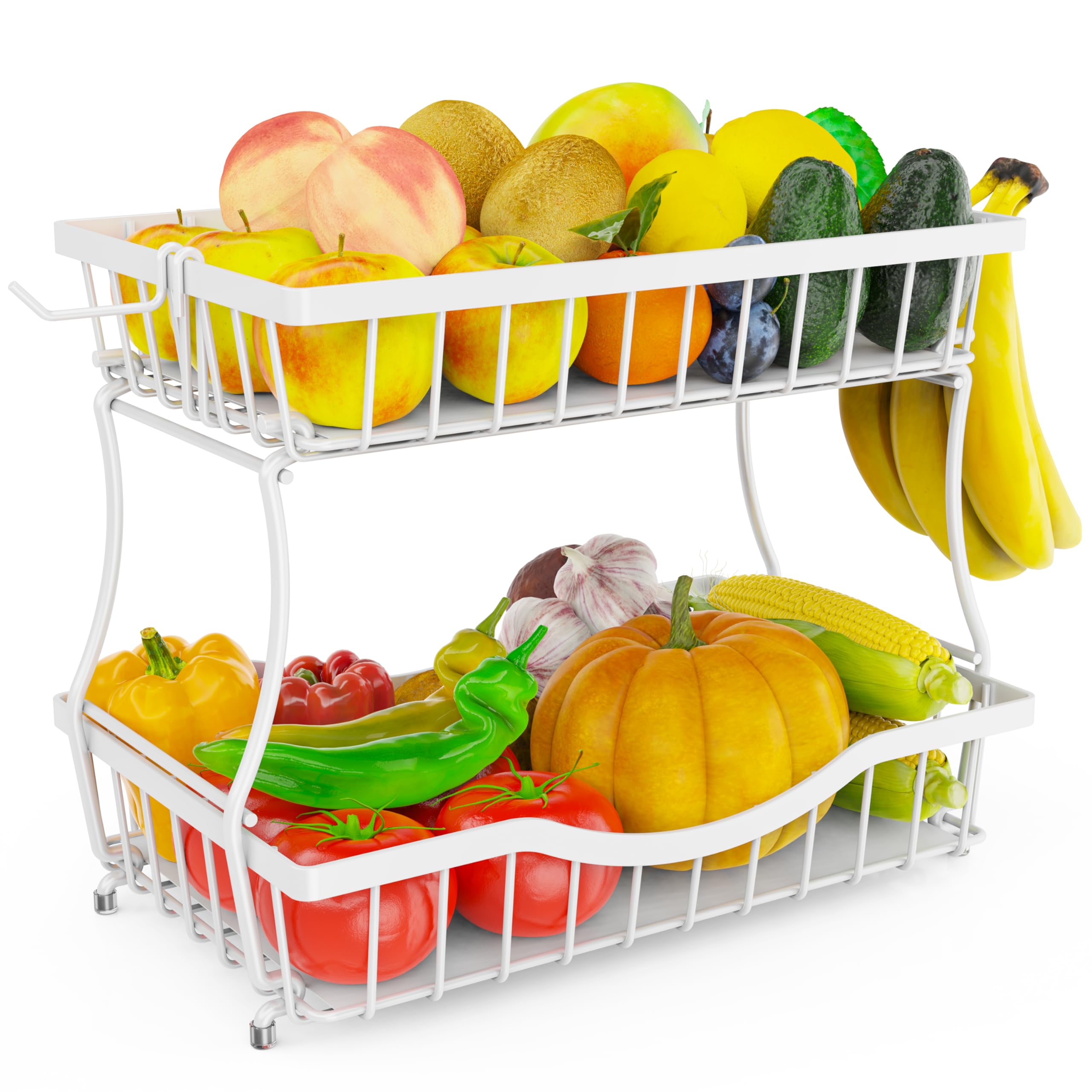Photo 1 of Zurklulu Large 2-Tier Fruit Basket for Kitchen Counter with 2 Banana Hangers – Metal Fruit Bowl for Onion, Vegetable, Snacks, Breads Storage – Countertop Organizer – White