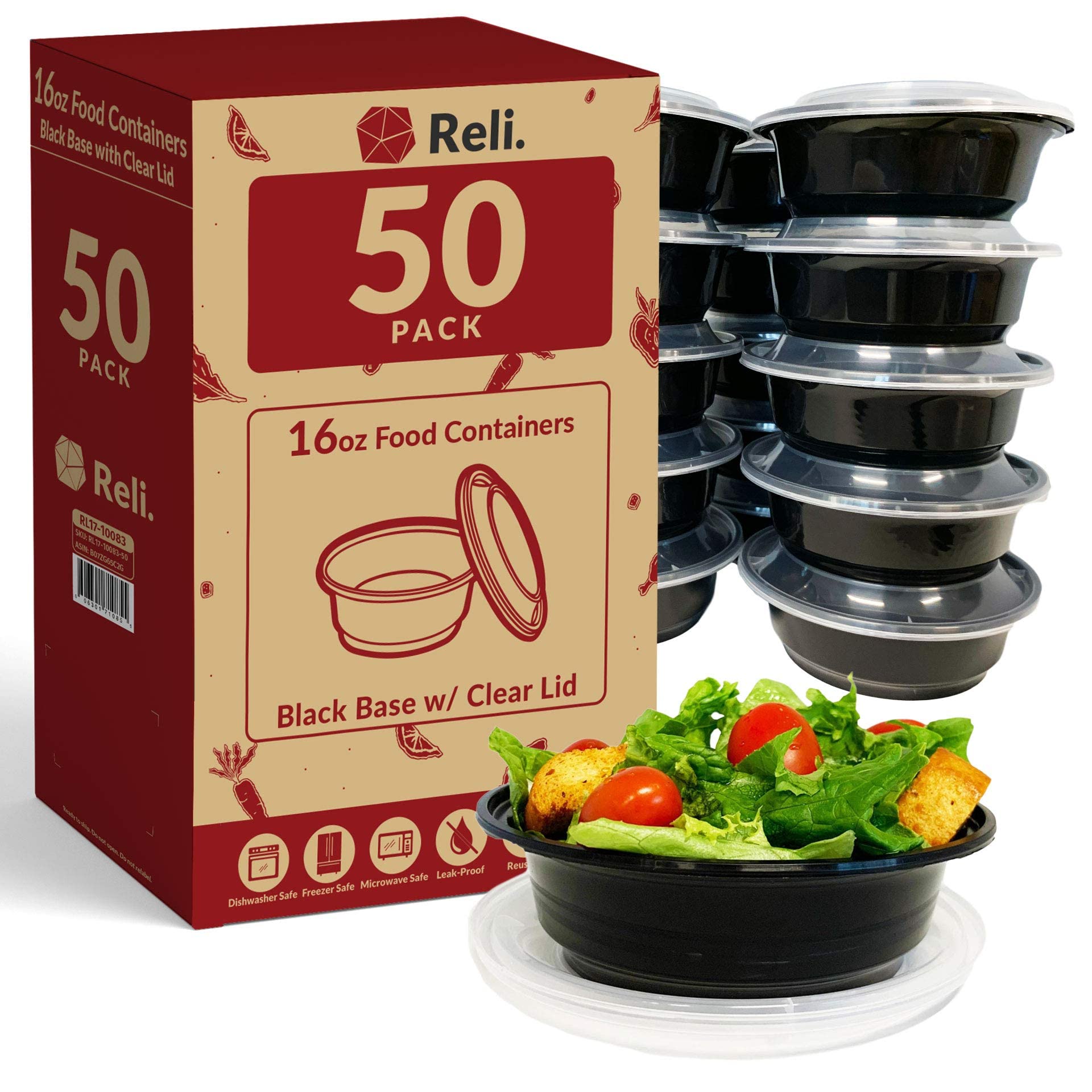Photo 1 of Reli. Meal Prep Bowls w/Lids - 50 Pack (16 oz) | Disposable Bowls with Lids | Microwave/Freezer Safe
