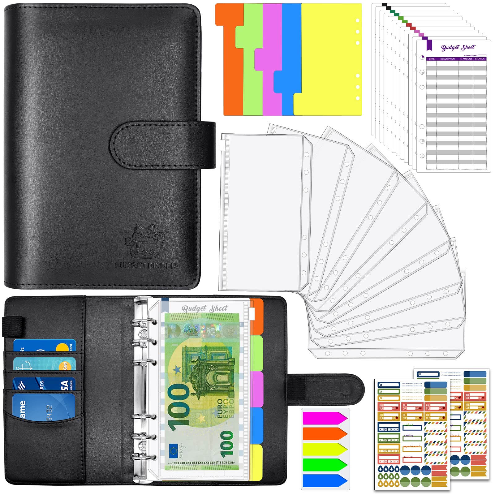 Budget planner, money organiser, budget planner, A6 binder pockets, bug planner with films, budget planner money envelopes accessories, binder budget A6, economy book with cases (black)