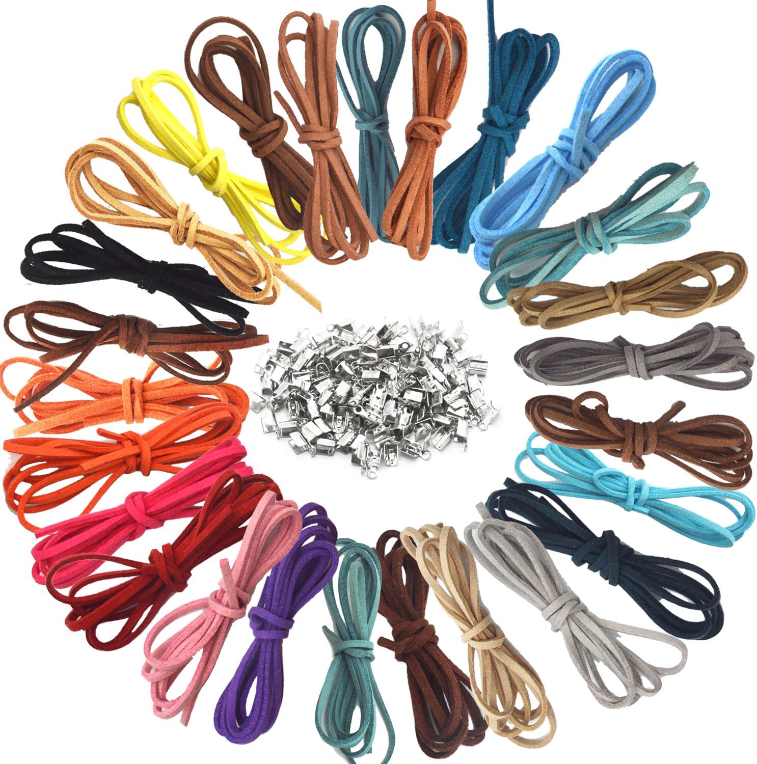 36psc Leather Cord 3mm Faux Suede String with 100 Pieces Silver Cord Ends, velaali 36 Colors 36 Metres long Lace Leather Cord Threads, Flat Leather Lace Beading Thread Faux Suede Cord String Velet