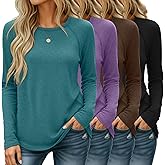 Huukeay 4 Pack Women's Long Sleeve Shirts, Casual Crew Neck Raglan Tunic Tops Fall Loose Side Split Tees Curved Hem Pullovers