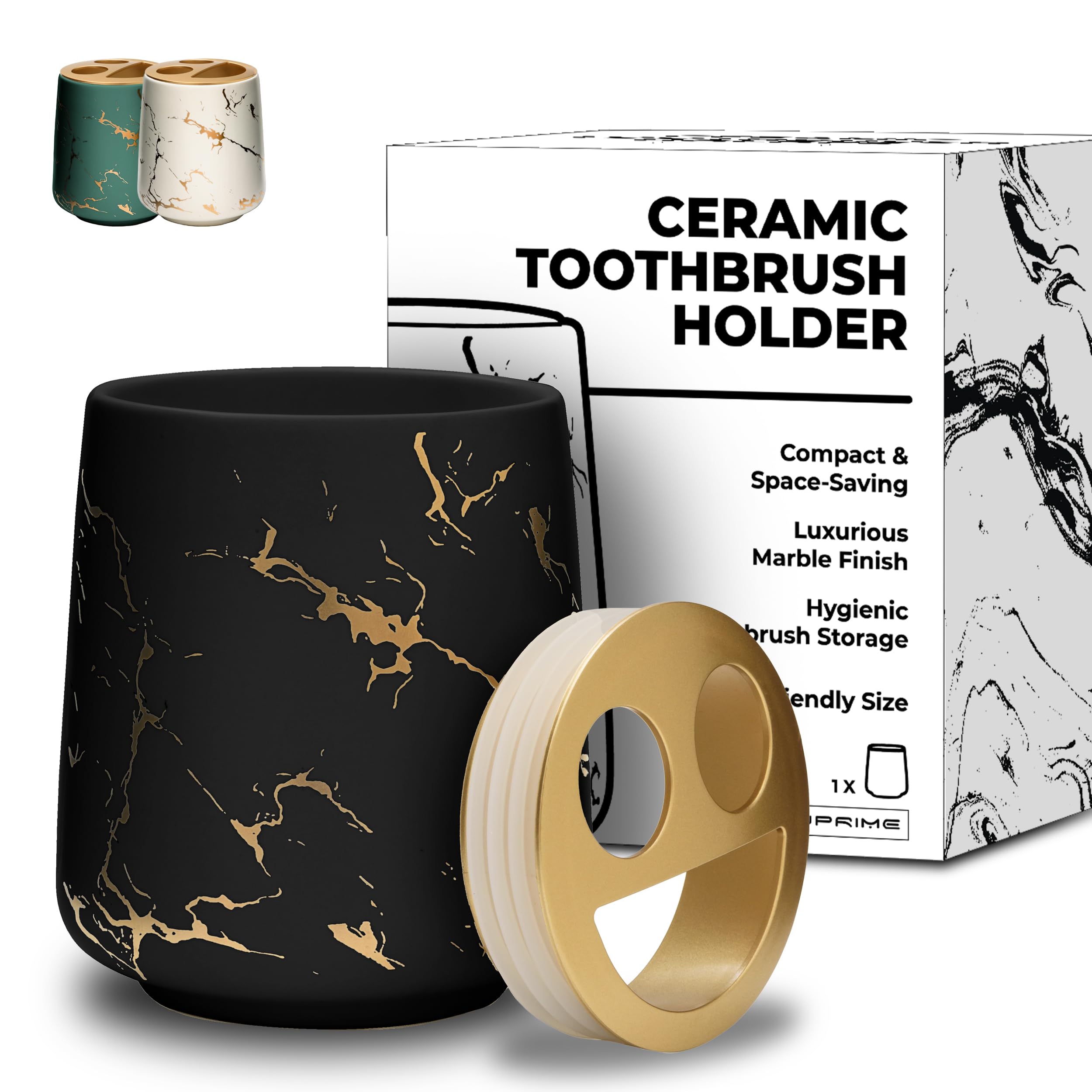 JJ PRIME - Ceramic Toothbrush Holder | Marble Look Electric Toothbrush Holder | Bathroom Accessory Toothbrush And Toothpaste Holder- Makeup Brush Holder (Black Toothbrush Holder)