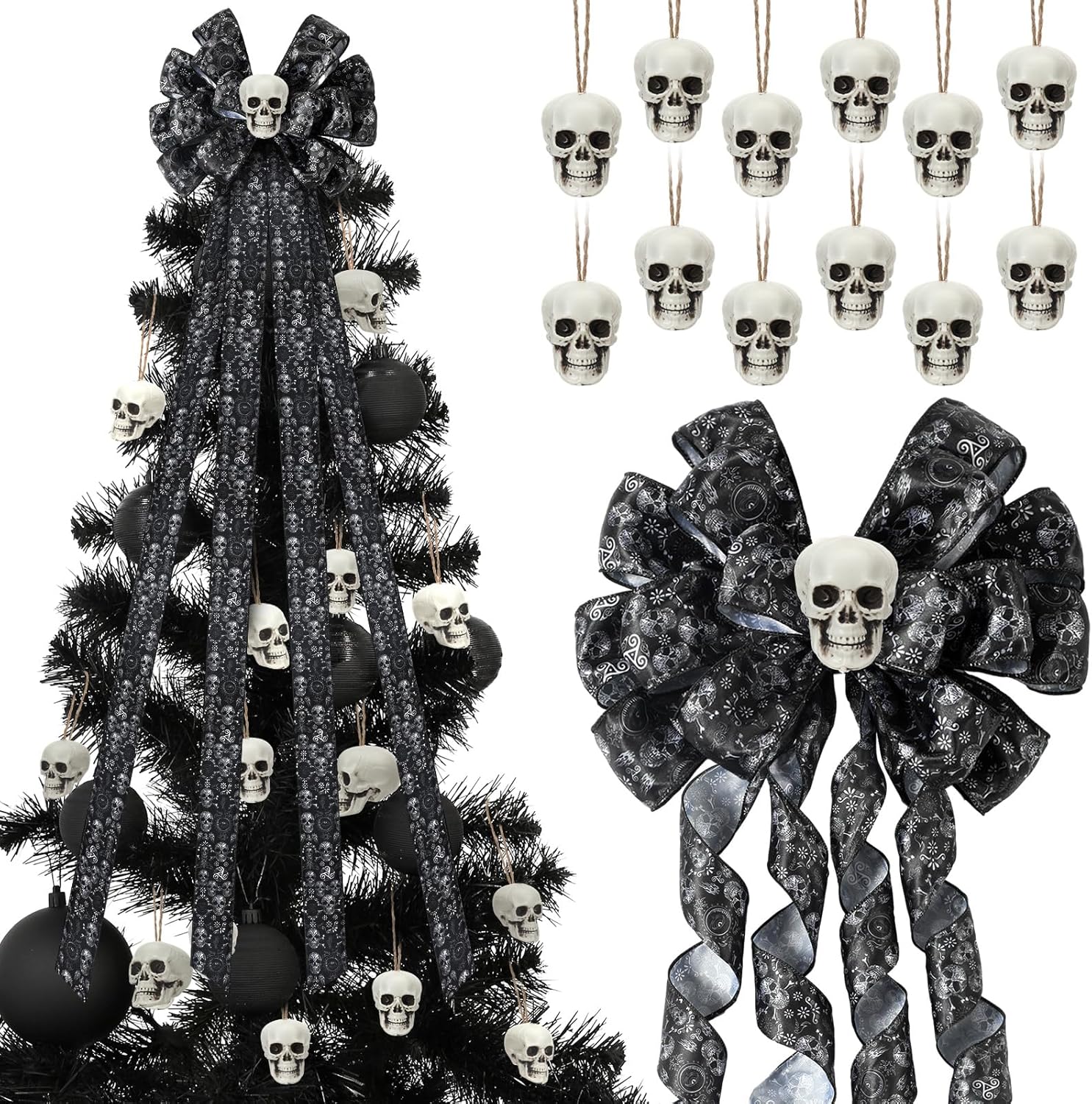 Bows & Ribbons - Large Halloween Bows for Wreaths Decorations, Halloween Skull Gothic Tree Topper Bow with 12 Pcs Skull Tree Ornaments Skull Gothic Decor for Tree for Halloween Home Front Door Outdoor