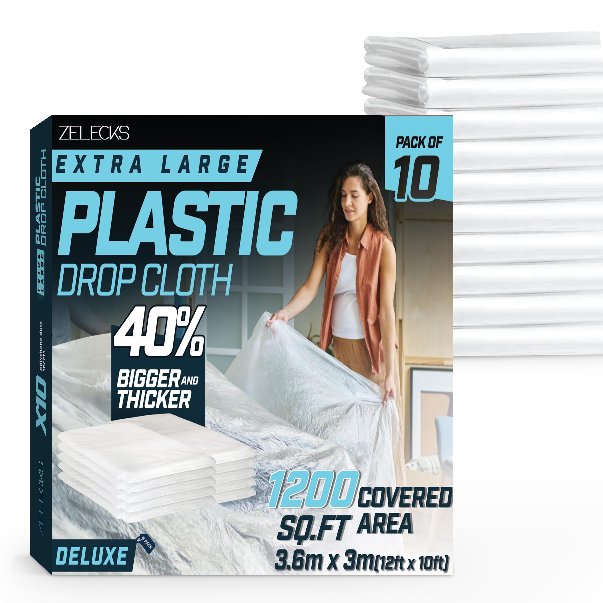 Photo 1 of 12 x 10 FT 10 Pack Extra Large Painter’s Plastic Drop Cloth Painting Sheet - Light and Durable Dust Cover - Clear Plastic Sheet-Plastic Sheeting - Paint Drop Cloth - Floor Protector