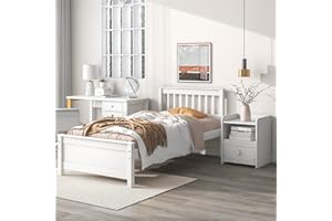 AOCOROE Bedroom Furniture Set with 1 Twin Beds Frame & 1 Nightstand, for Boys Girls, Kids Twin Beds Platform Bed Frame with Headboard & Footboard, Nightstand with 2 Open Shelves & Storage Drawer, White