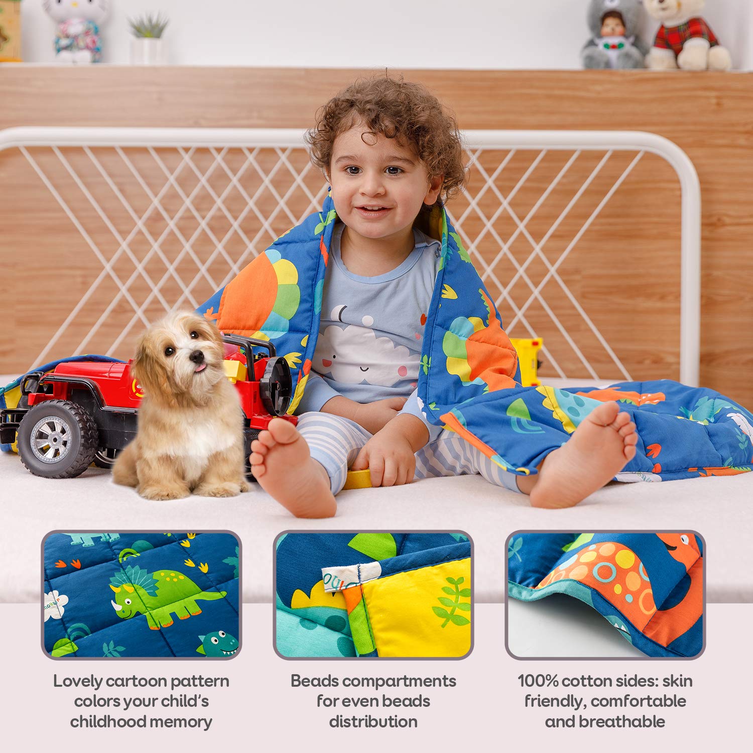 Anjee Kids Weighted Blanket 5lbs for Children with a Cotton Pillowcase, Breathable Cotton Fabric with Cute Dinosaurs Cartoon Pattern Help Better Sleep, 36 x 48 Inches, Navy Blue