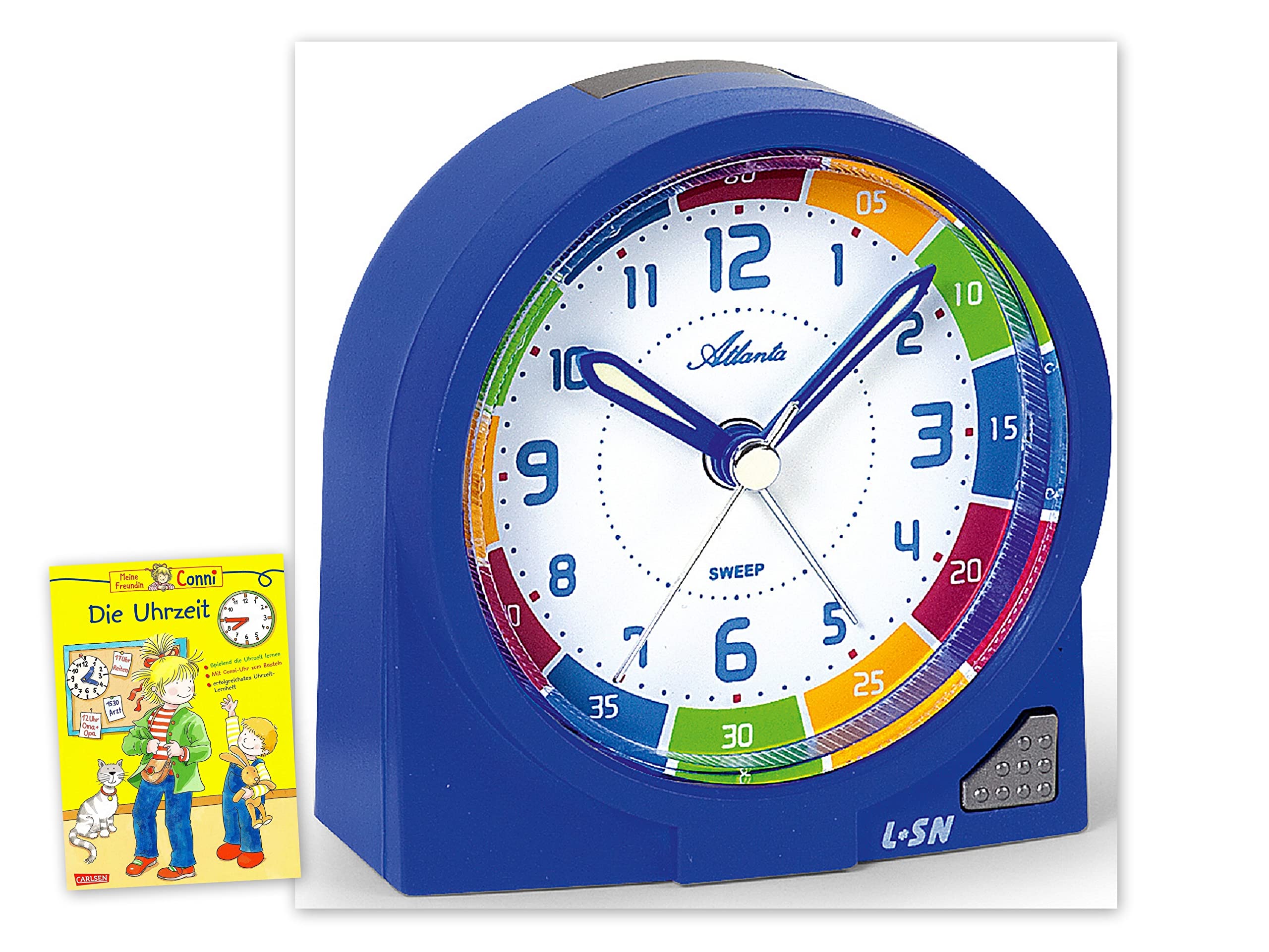 Atlanta 1937-5 BU Children's Alarm Clock Without Ticking Boys Blue with Learning Book