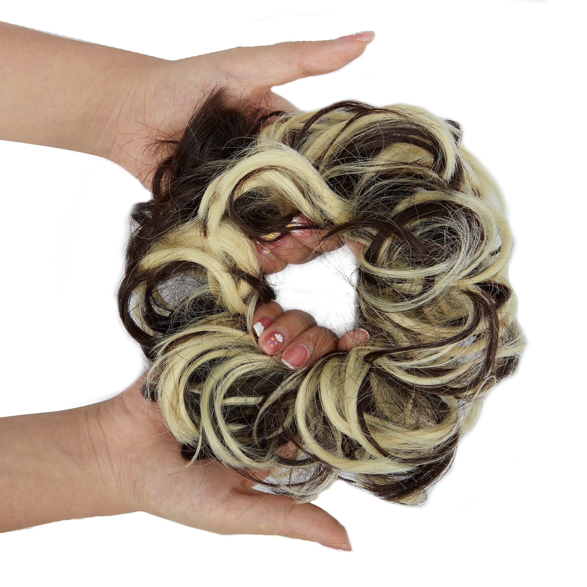 OMGREAT 1Pack Messy Hair Bun Hair Scrunchies Extension Curly Wavy Fake Hair Buns Messy Synthetic Chignon for Women Updo Hairpiece Dark Brown Mix Bleach Blonde