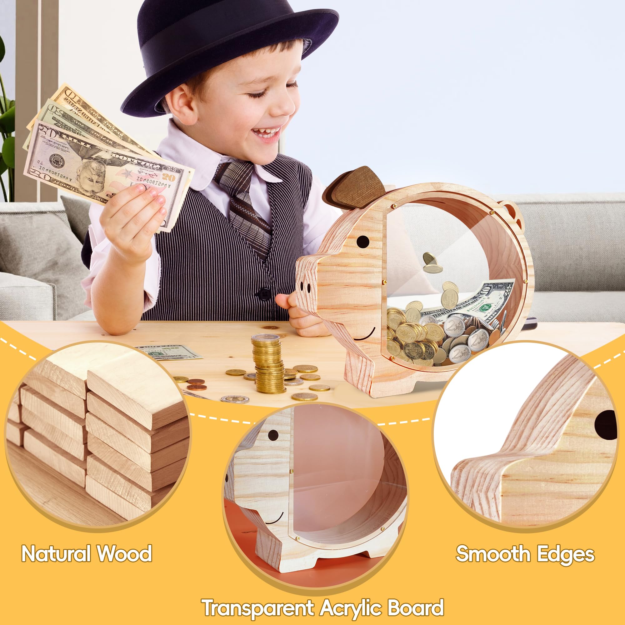 Piggy Bank for Kids Money Saving,Wooden Piggy Bank for Boys Girls,Unbreakable Piggy Bank with Letter Stickers,DIY Name Personalized Coin Bank for Children's Birthday Decor