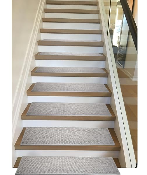 XAARMONEX NATURAL LINEN STAIR TREADS FOR WOODEN STEPS, 15 PCS 8″ X 30″,NON SLIP STAIR RUNNER, PEEL AND STICK CARPET INDOOR FOR KIDS ELDERS AND PETS (15, GREY, 8″ X 30″)