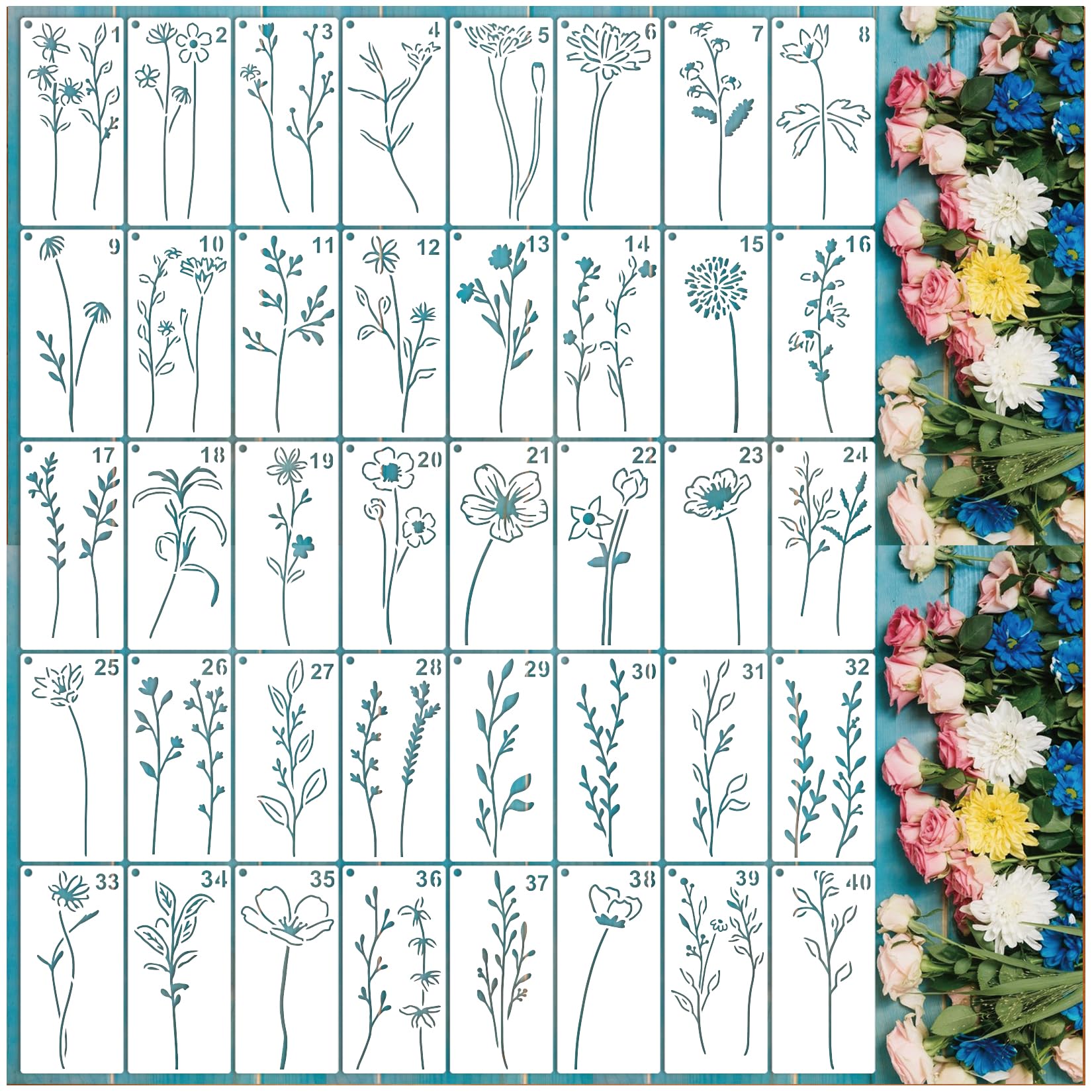 Photo 1 of 40pcs Flower Stencils for Painting on Wood Small Floral Spring Plant Leaves Stencils Paint Burning Patterns Template on Art Craft Canvas Wall Fabric Rock (40 Flower)