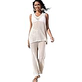 Famulily Womens 2 Piece Crochet Knit Outfits Summer Hollow Out Cover Up Sets Sleeveless Deep V Neck Top and Wide Leg Pants