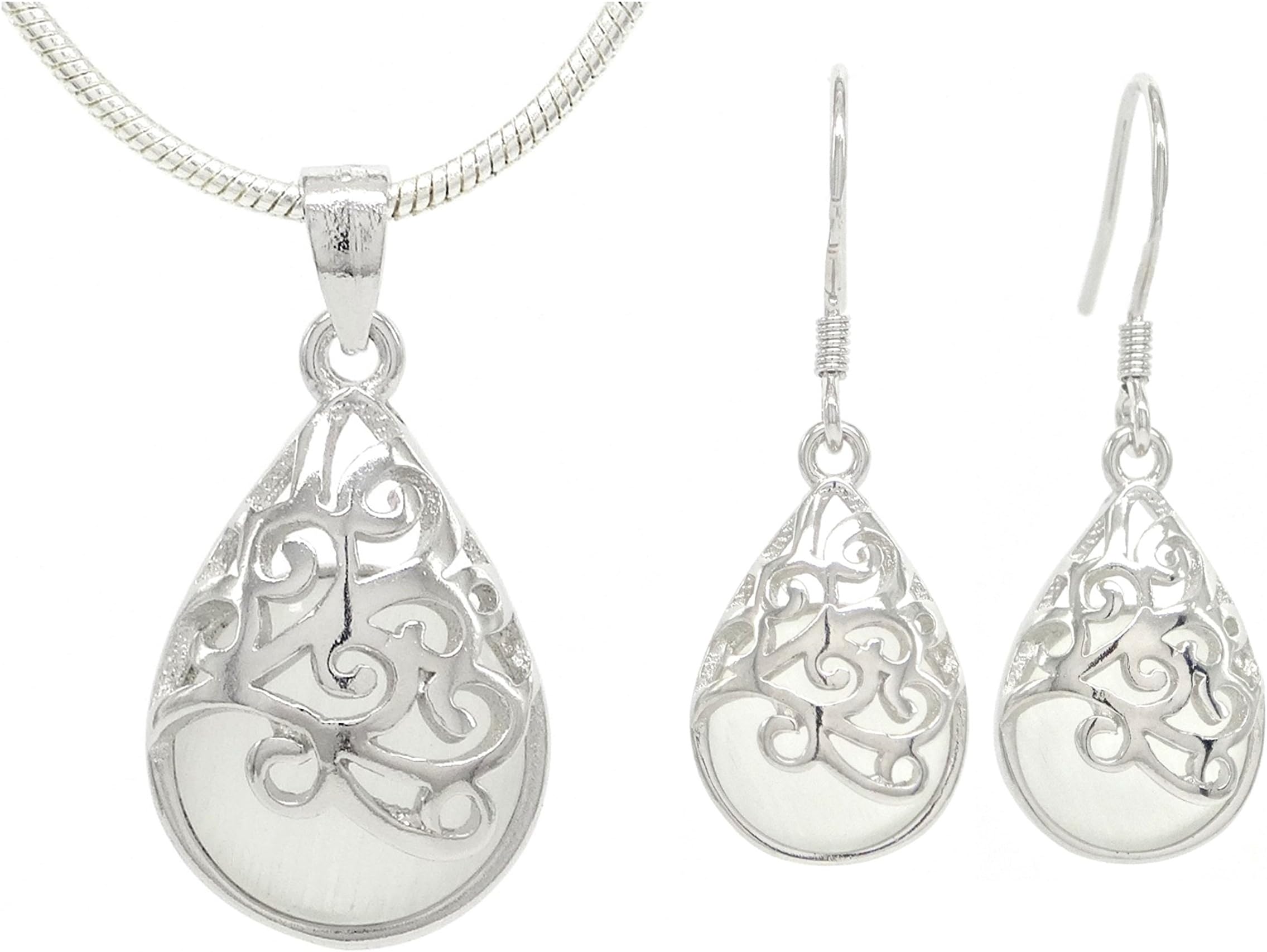 White decorated moonstone necklace and earrings real sterling silver clasp and snake chain purple gift bag and black jewellery box