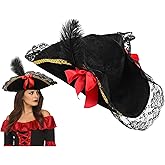 Nicky Bigs Novelties Adult Womens Pirate Hat With Feather Costume Adjustable Head Size - Deluxe Lady Buccaneer Hats - Caribbean High Seas Captain Halloween Black Cap Accessory Lace Trim