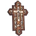 Holy Land Market Three Layers Olive Wood Crucifix - 14 Stations icons of the Cross, Handcrafted Holy Land Wall Cross, 7x5.5 in