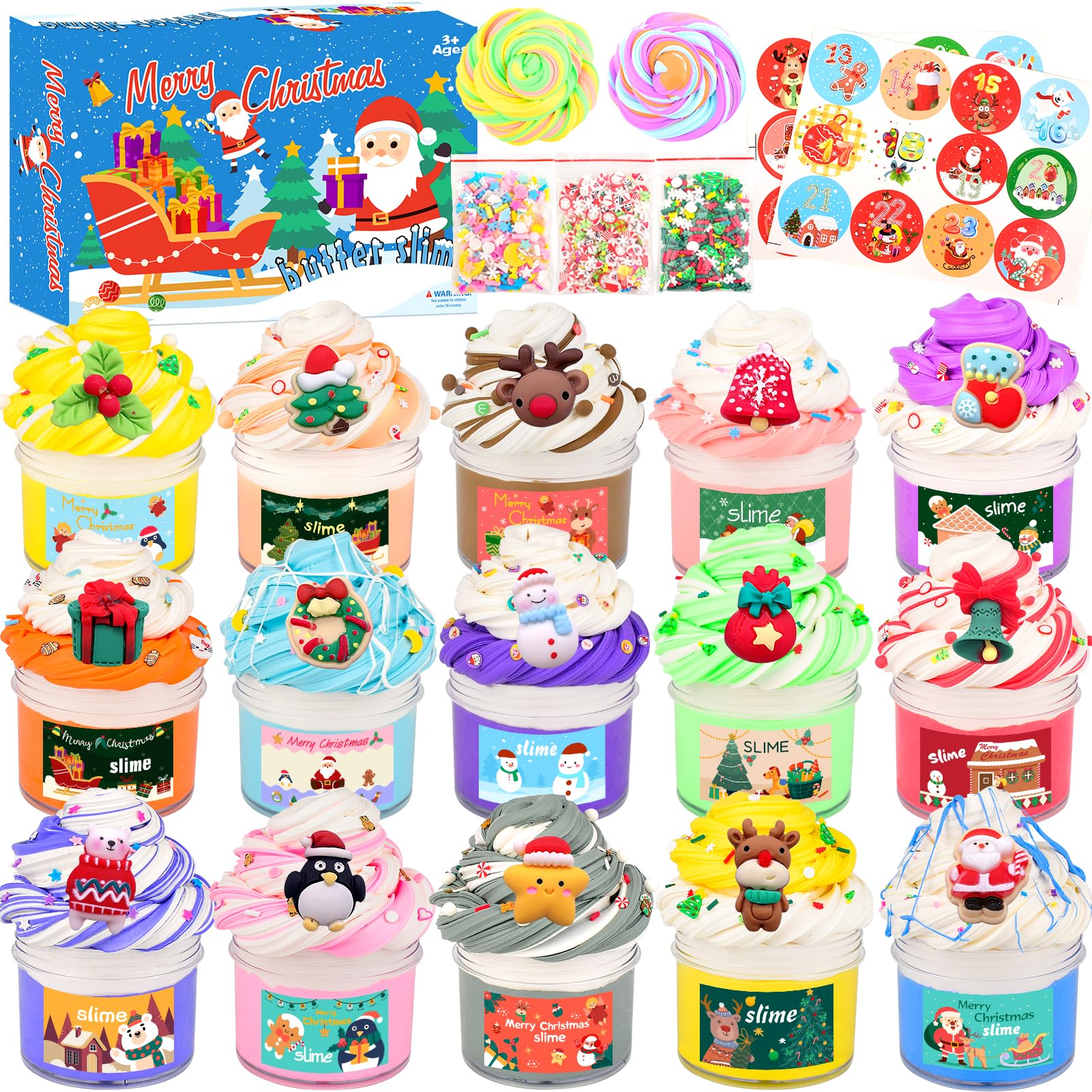 15 Pack Christmas Fluffy Butter Slime Kit, Goodie Bag Stuffers, Colorful Slime Party Favors for Kids, Soft and Non-Sticky, Advent Calendar 2025, Chritmas Gifts, Putty Toys for Girls Boys — image 1