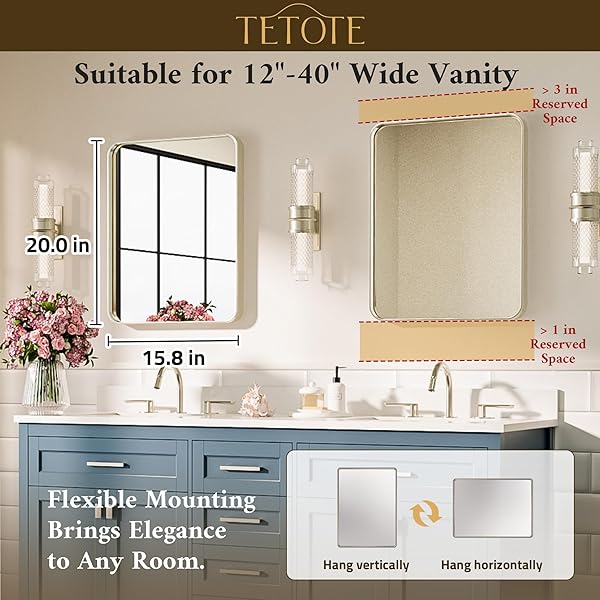 TETOTE BRUSHED NICKEL MIRROR 16 X 20 BRUSHED NICKEL METAL FRAMED BATHROOM MIRROR, TEMPERED GLASS, MODERN FARMHOUSE WALL MOUNTED MIRROR FOR DECORATIVE(HORIZONTAL/VERTICAL)