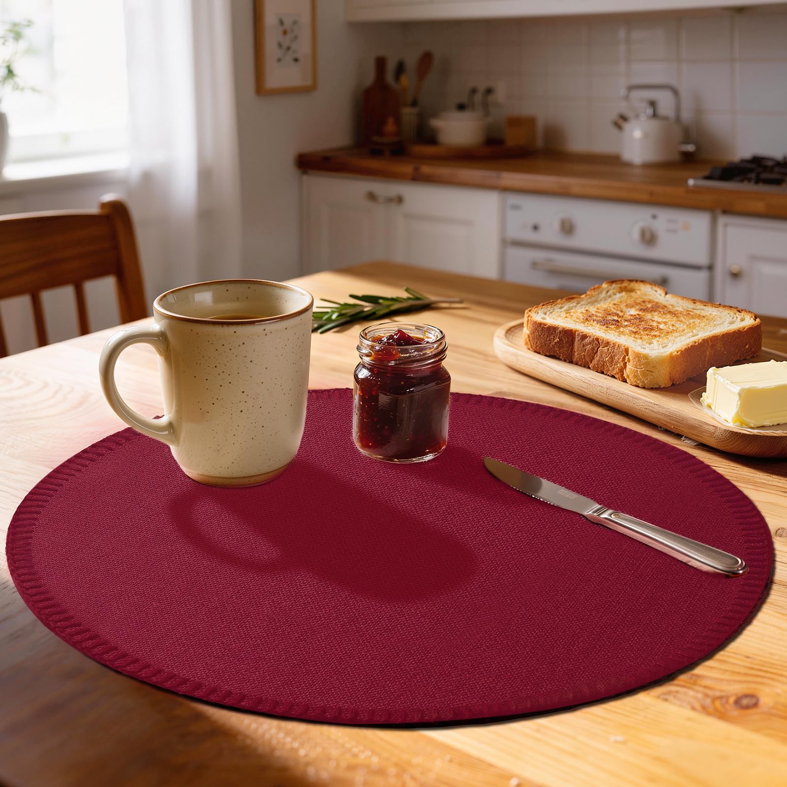 Rinpon Round Placemats Set of 8 - Machine Washable Linen-Like Cloth Place Mats & Heat-Resistant for Dining Table - Ideal for Family Meals, Daily Use, and Holiday Gatherings (Burgundy)