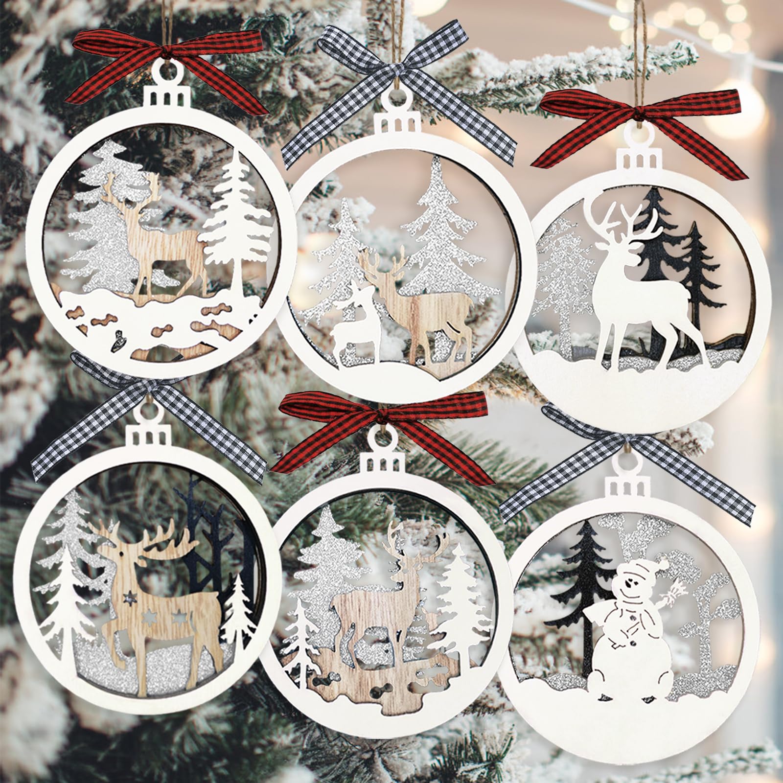 Photo 1 of 6pcs Christmas Farmhouse Rustic Ornaments Set for Christmas Tree Decorations Hanging 3D Glitter Reindeer Wood Tree Ornaments Round Wooden Christmas Tree Decorations Gift Tags