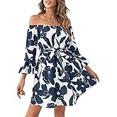 JECEIKA Womens Off Shoulder Ruffle Floral Summer Wedding Guest Dresses A Line Shift Short Skater Dress with Belt