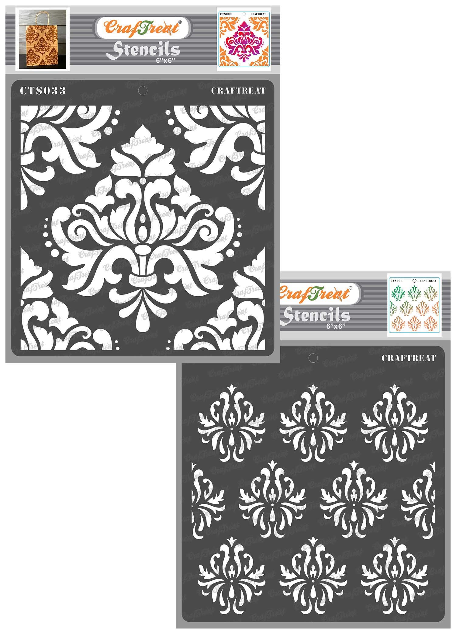 CrafTreat Reusable Damask and Background Stencils for Wall, Floor, Canvas and More - Bold & Background Designs (2 Pack) - Size: 6x6 Inches