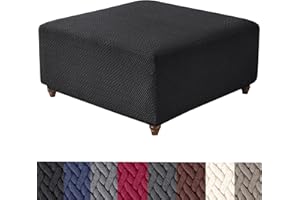 HFCNMY Ottoman Cover Square,Stretch Knitted Jacquard Square Ottoman Cover Thick Ottoman Slipcover Square Washable Storage Ottoman Cover Foot Stool Cover with Elastic Bottom Black Large
