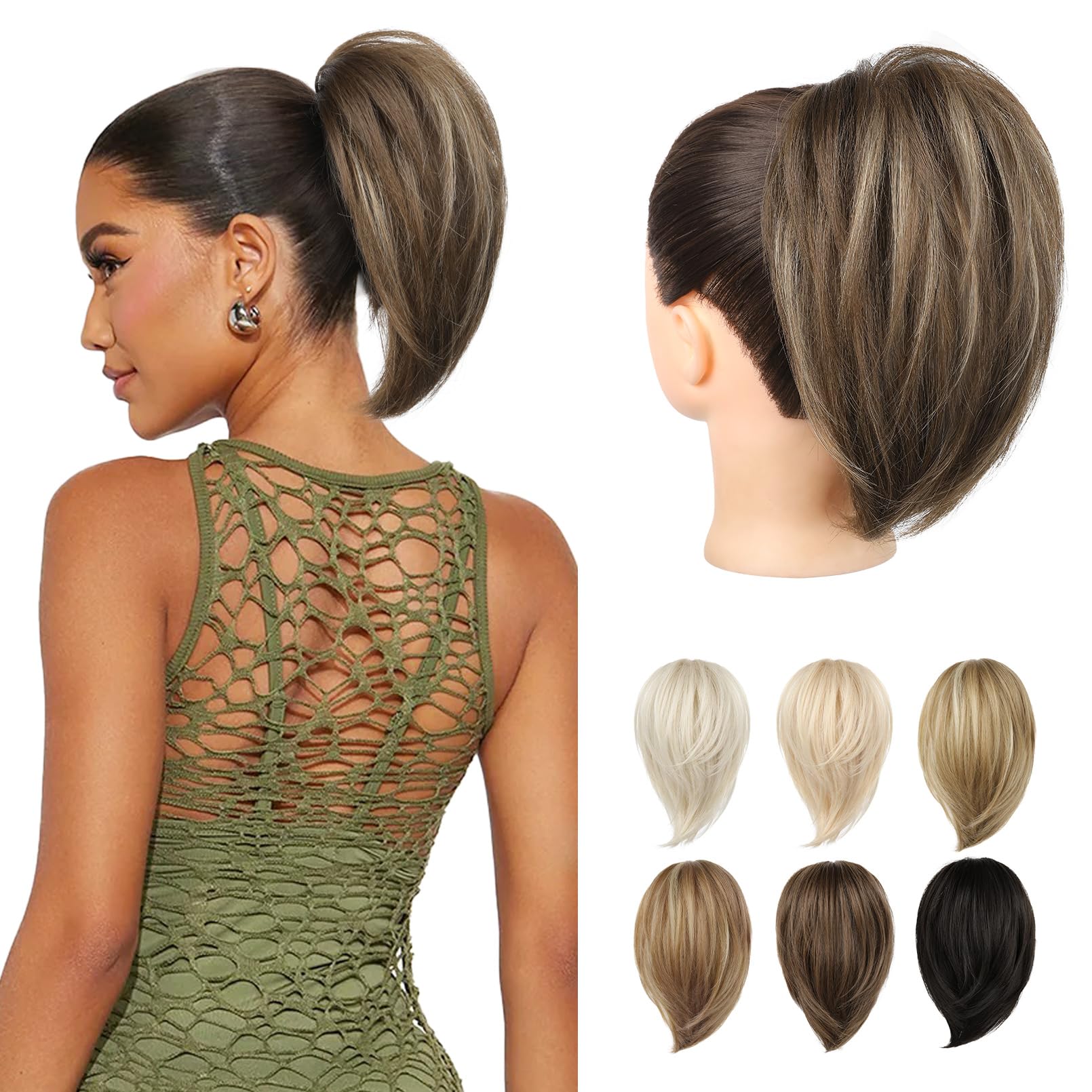 REECHO Ponytail Extension，Claw Clip Hair Bun Hair Piece Short Straight Ponytail Hair Extensions Messy Hair Bun Natural Synthetic Fake Ponytail Hair Pieces for Women- Chocolate Brown with Highlights