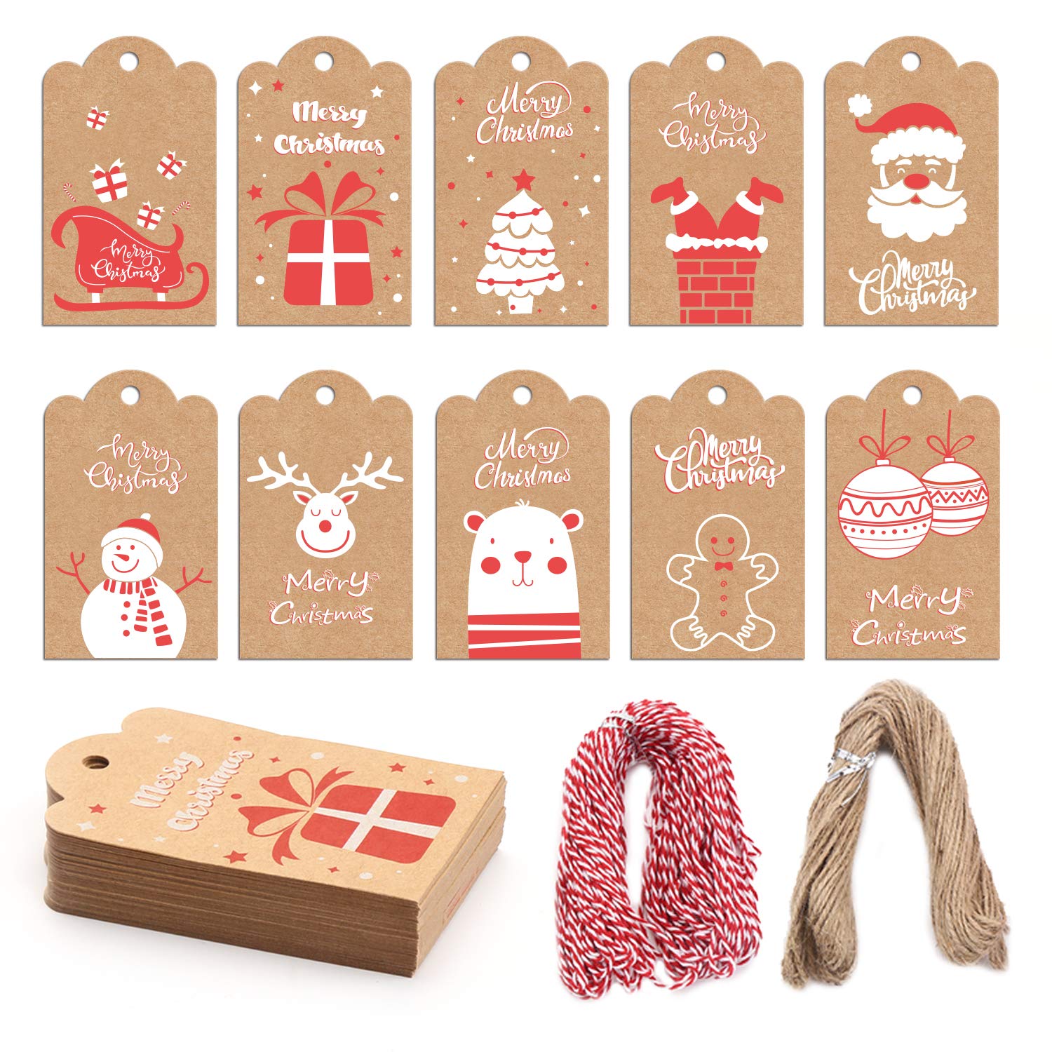 VEYLIN Christmas Paper Tags, 100 Xmas Kraft Paper Name Hanging Labels with 65 Yard Twines