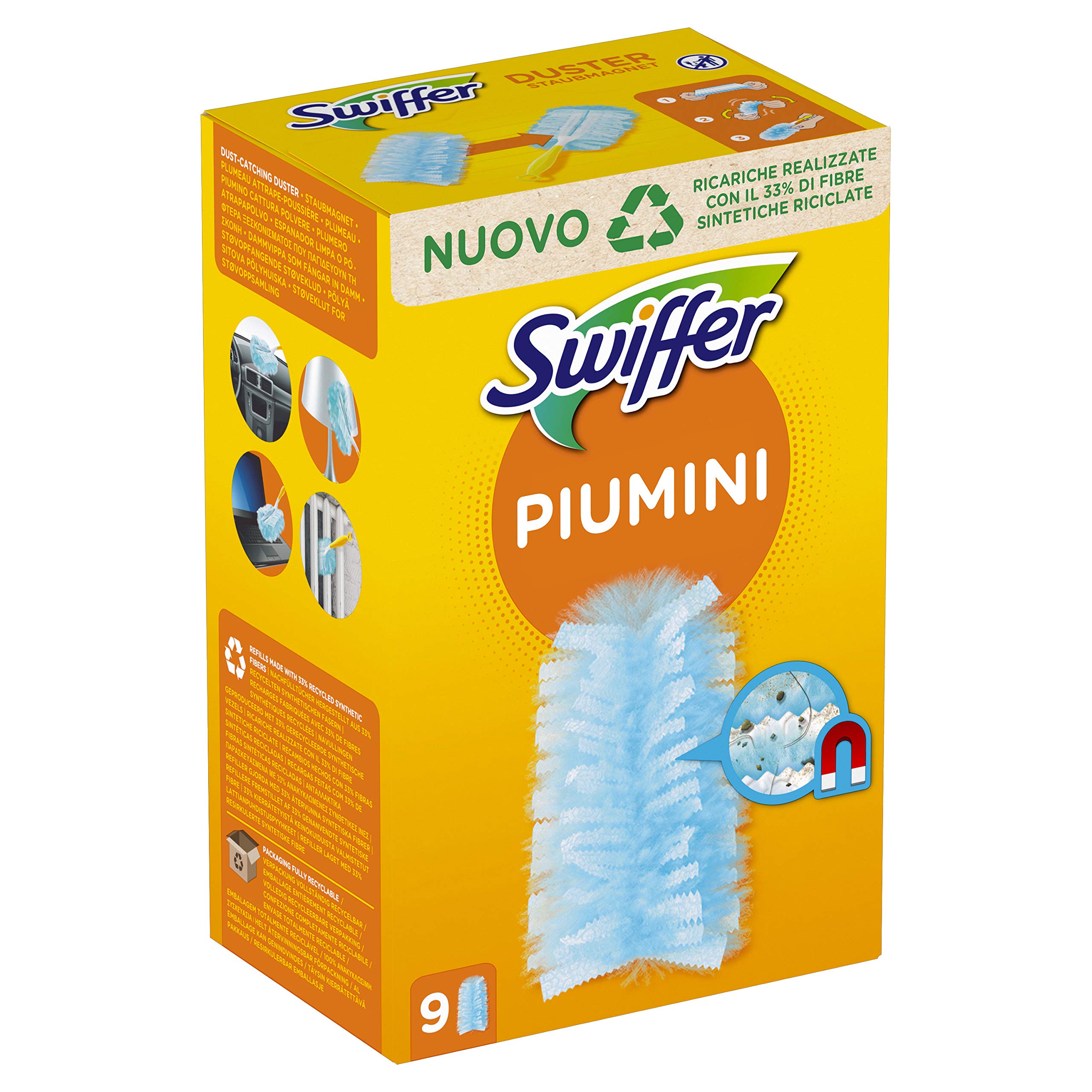 Swiffer Duster Capture Powder 9 Cloths Capture and Trap Dust and Dirt, Ideal for Pet Hair, All Surfaces Maxi Format