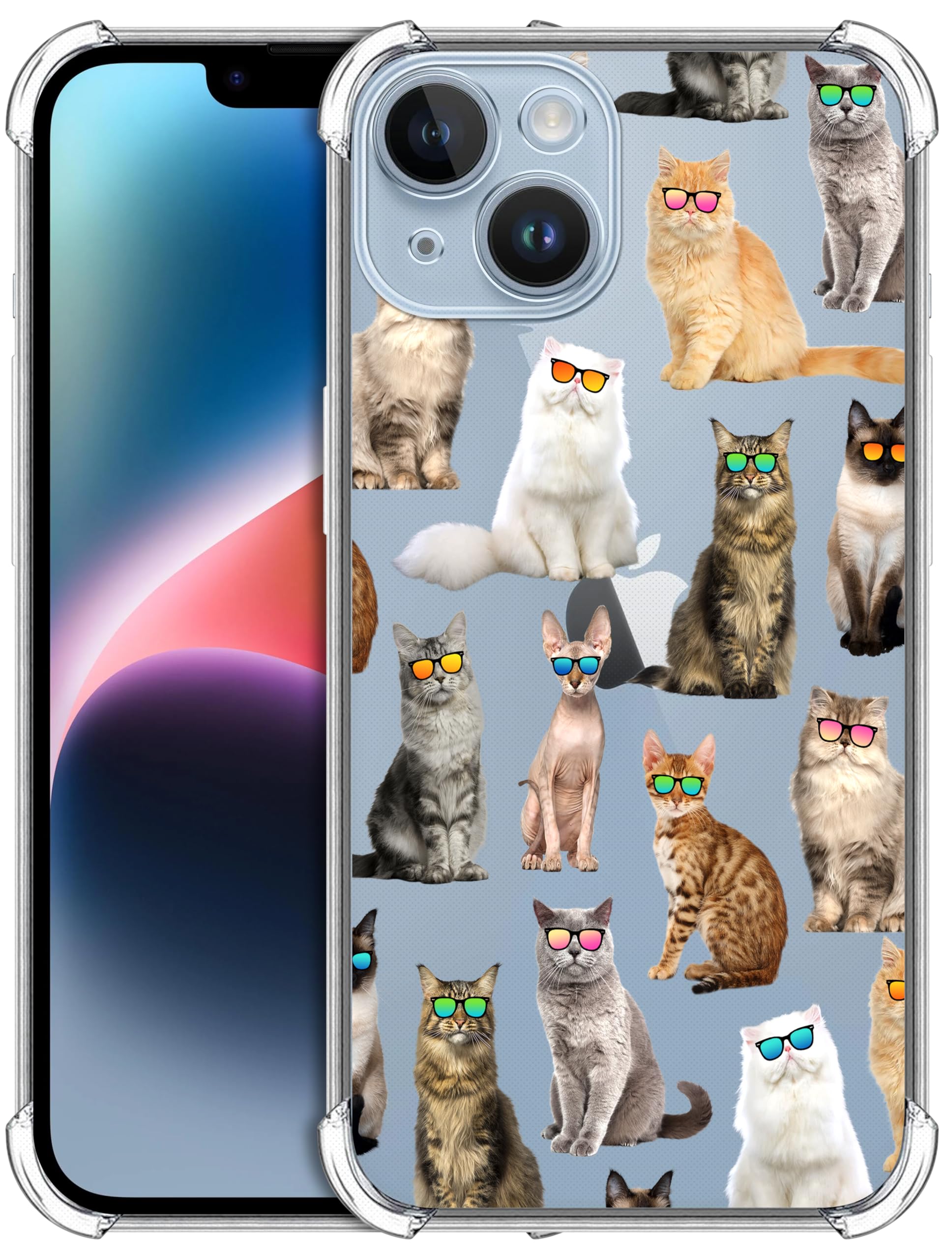 GlamCase for iPhone 14, iPhone 14 Clear Case - Cat Pattern with Sunglasses design Printed Slim Fit Flexible Shockproof Clear Designer Back Case/Cover for iPhone 14 only.