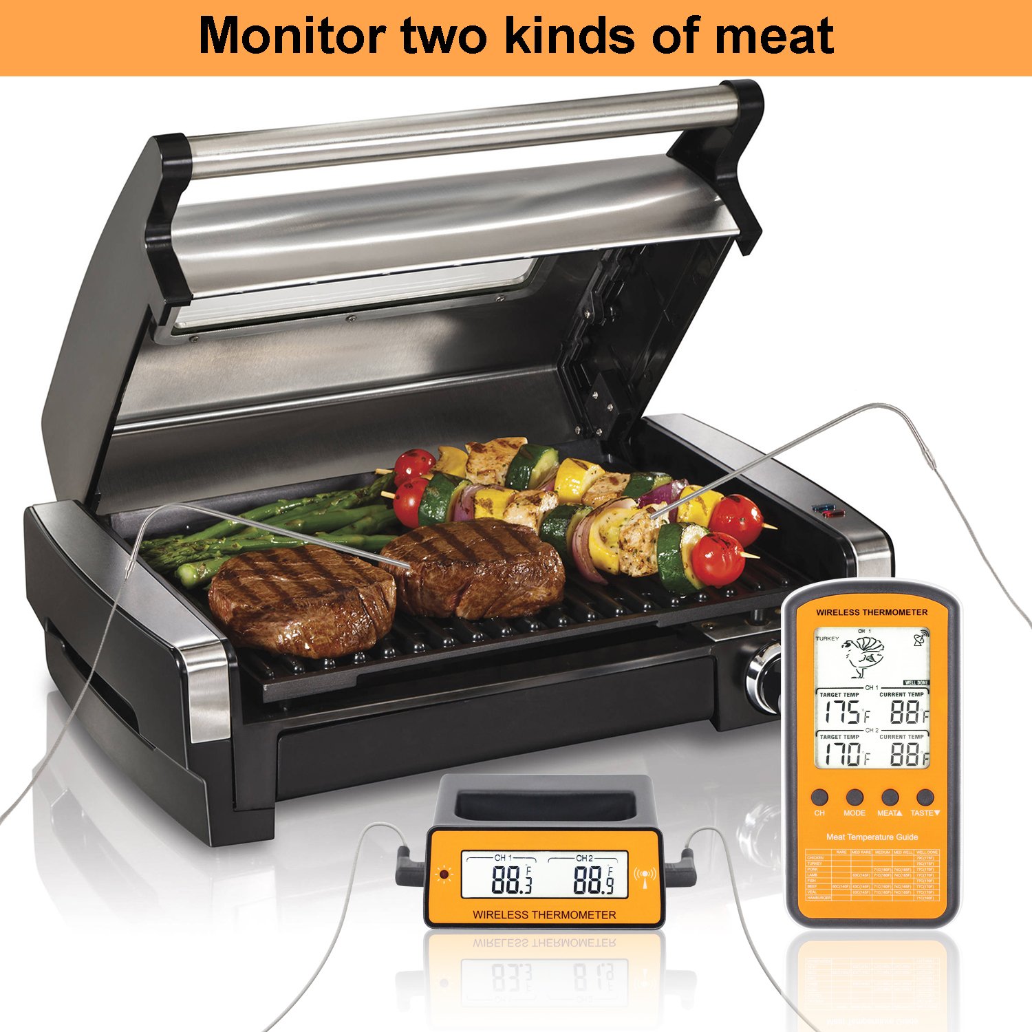 TOROAST Barbecue Backofen Grillthermometer, BBQ Bratenthermometer, Fleisch Küche Thermometer mit Temperaturalarm, Dual Edelstahl Fühler, °C und °F einstellbar, Batterien enthalten