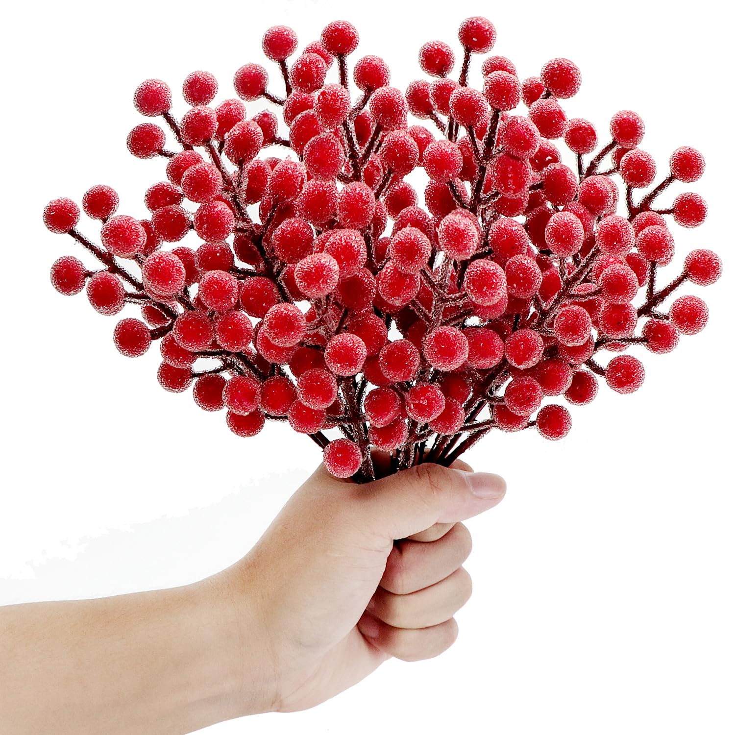 KKSTY 16 Pcs Artificial Frosted Berries Stems - 8'' Iced Berry Pick Holly Berries Sprays Filler Branch for Christmas Tree Decoration Wreath Making Supplies DIY Crafts Holiday Home Decor (Red)