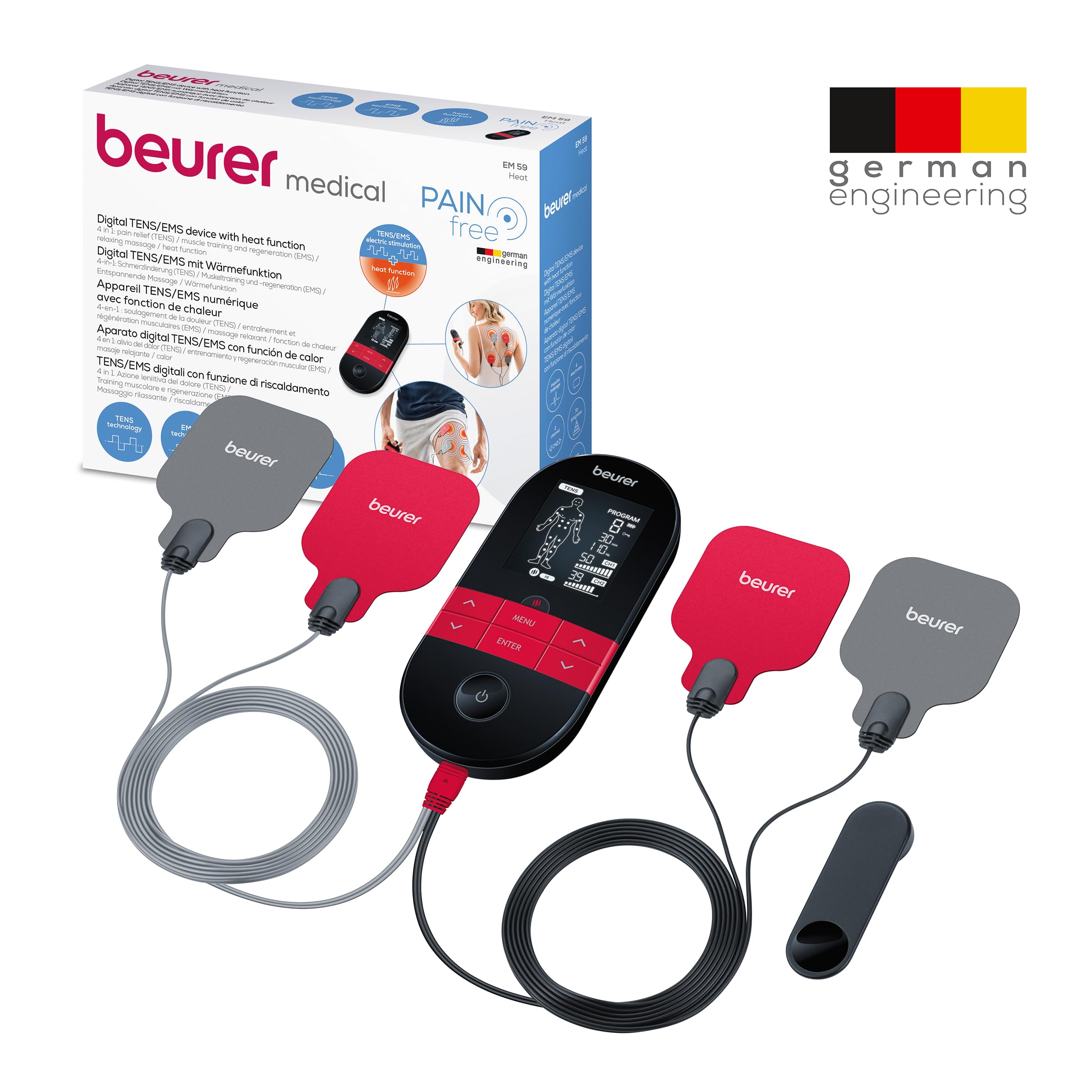 Beurer EM 59 Heat Digital TENS/EMS Device, 4-in-1 Stimulation Current Device for Pain Therapy, Muscle Stimulation, Massage and Heat Therapy, Including 4 Electrodes and Battery